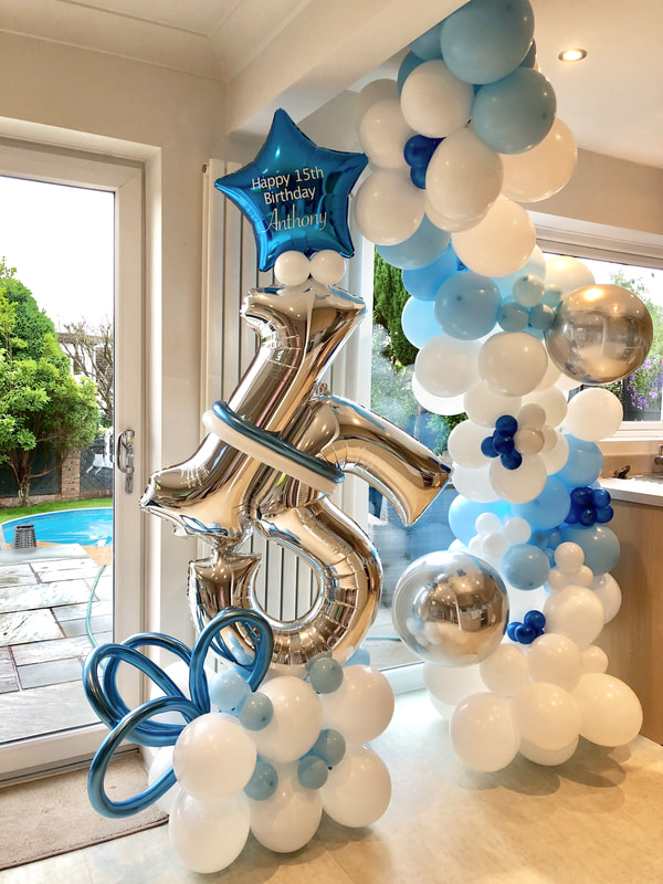 15th Birthday balloon decoration in Manchester in blue and white.