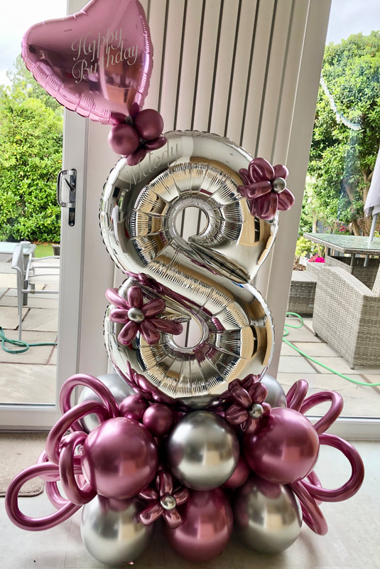 Personalised 8th Birthday balloons Cheshire in chrome pink and silver
